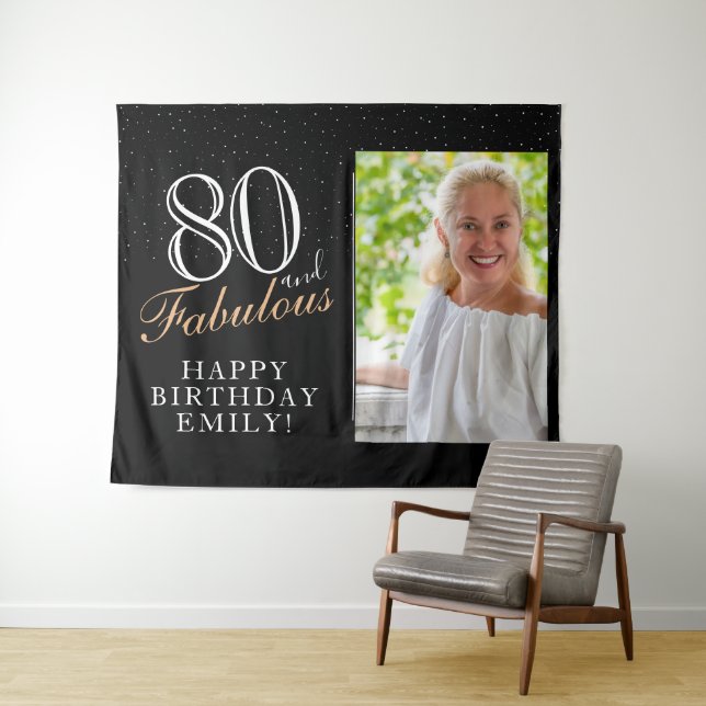 80 and Fabulous Black 80th Birthday Photo Backdrop Tapestry (In Situ (Horizontal))