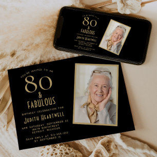 80 and Fabulous Black Gold 80th Birthday Party Invitation