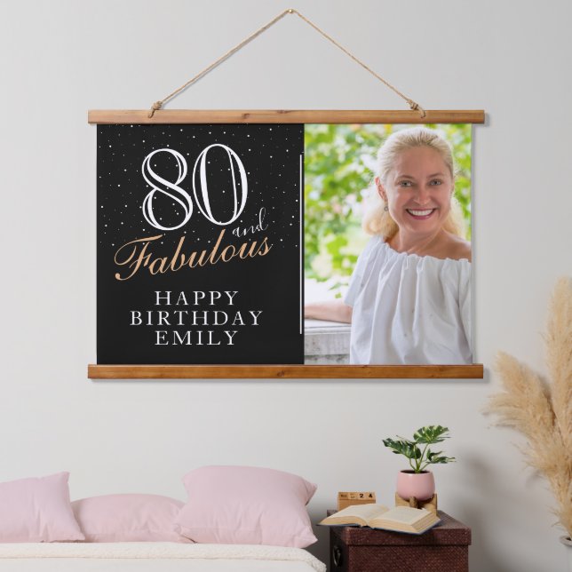 80 and Fabulous Elegant Black 80th Birthday Photo Hanging Tapestry (Bedroom)