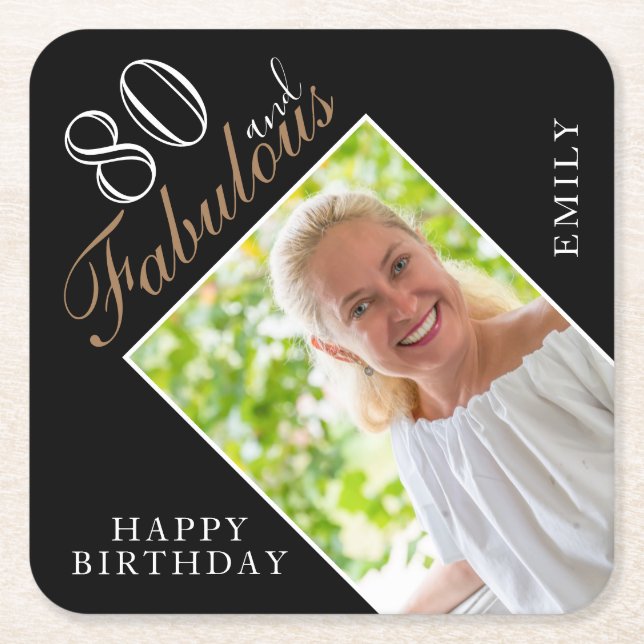 80 and Fabulous Elegant Black Photo 80th Birthday Square Paper Coaster (Front)