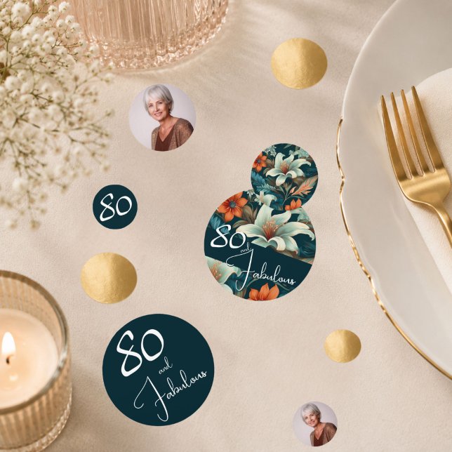 80 and Fabulous Flower Pattern Birthday Photo Confetti (Creator Uploaded)
