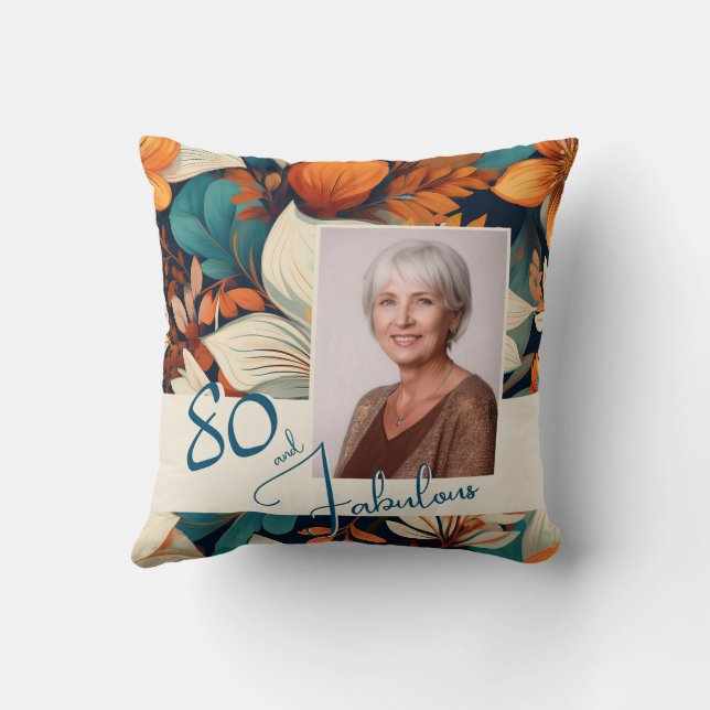 80 and Fabulous Flower Pattern Birthday Photo Cushion (Back)