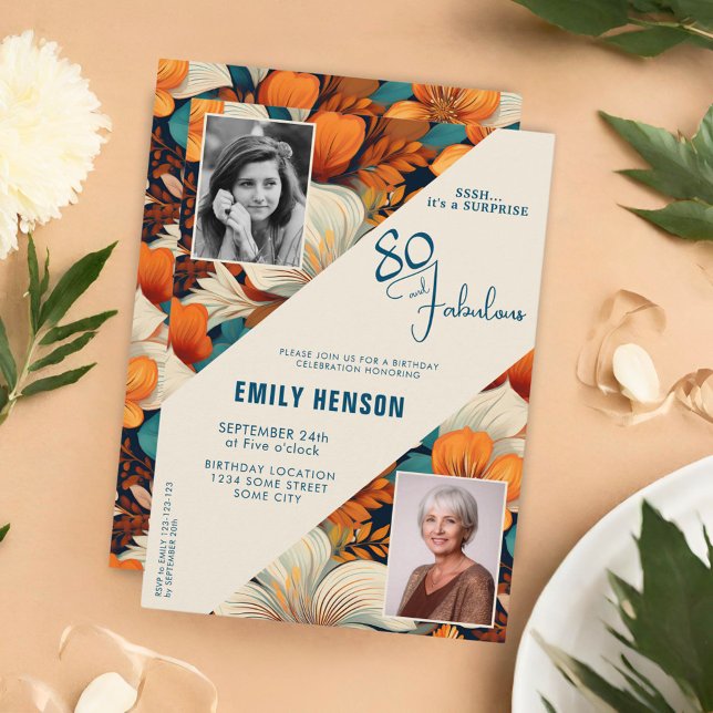 80 and Fabulous Flower Pattern Birthday Photo Invitation (Creator Uploaded)