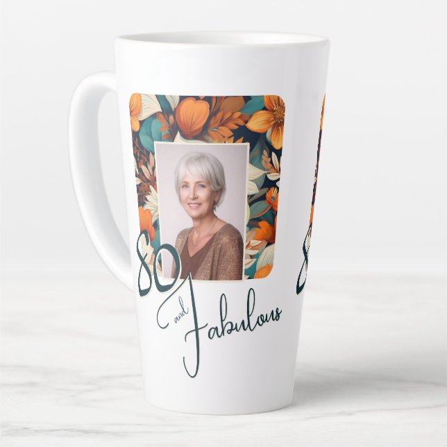 80 and Fabulous Flower Pattern Birthday Photo Latte Mug (Left Angle)