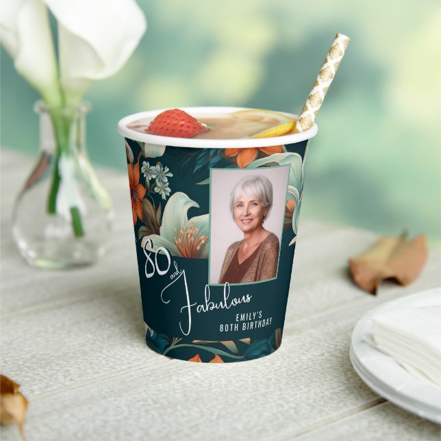 80 and Fabulous Flower Pattern Birthday Photo Paper Cups (Insitu)