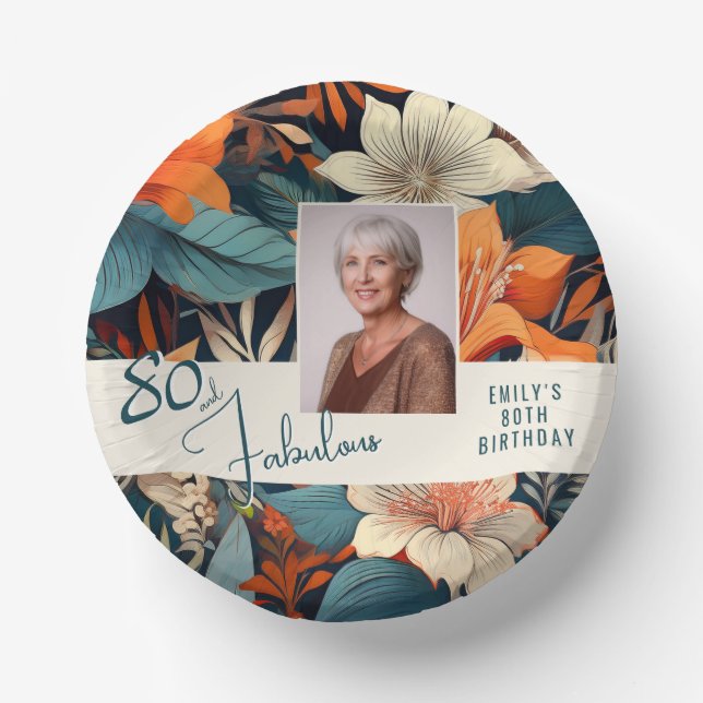 80 and Fabulous Flower Pattern Birthday Photo Paper Plate (Front)