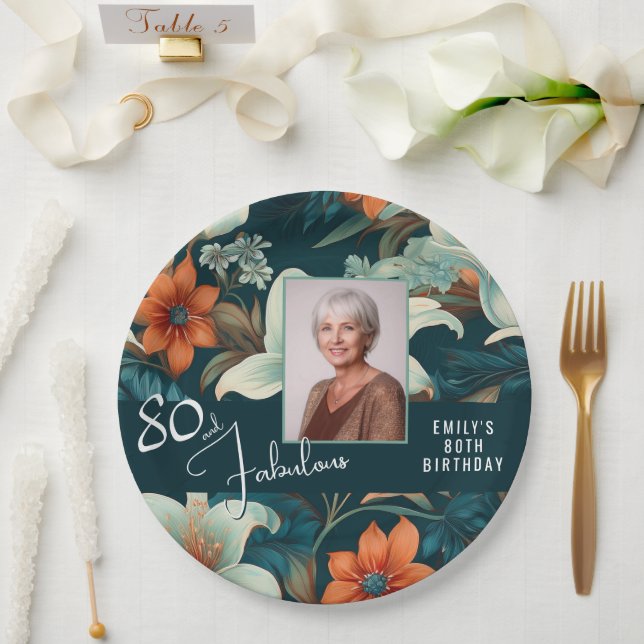 80 and Fabulous Flower Pattern Birthday Photo Paper Plate (Wedding)
