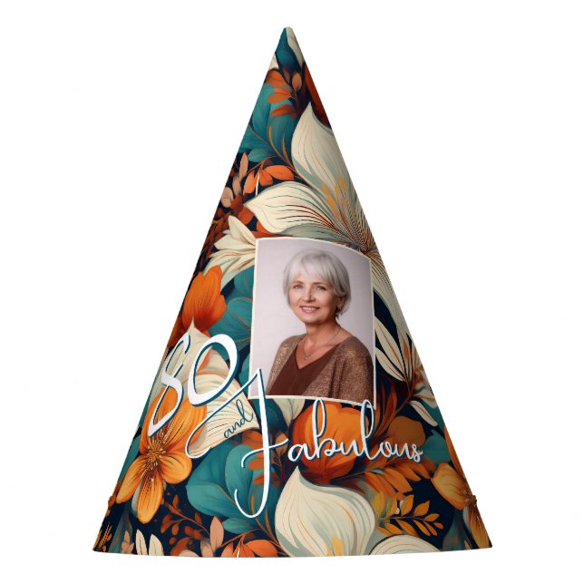 80 and Fabulous Flower Pattern Birthday Photo Party Hat (Front)