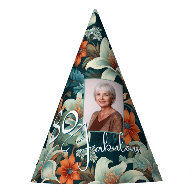 80 and Fabulous Flower Pattern Birthday Photo Party Hat (Front)