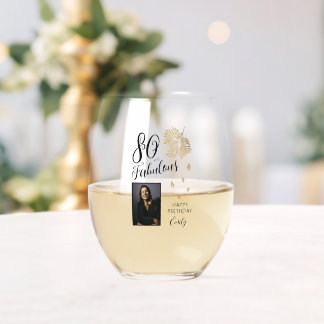 80 and Fabulous Foliage 80th Birthday Photo Stemless Wine Glass