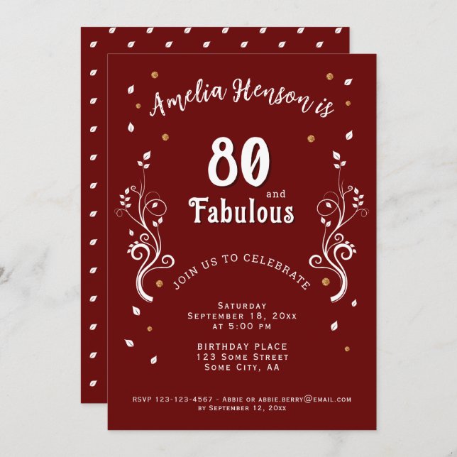 80 and Fabulous Foliage Red 80th Birthday  Invitation (Front/Back)