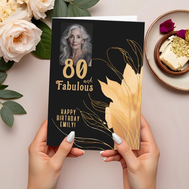 80 and Fabulous Gold Foliage 80th Birthday Photo Card (Creator Uploaded)