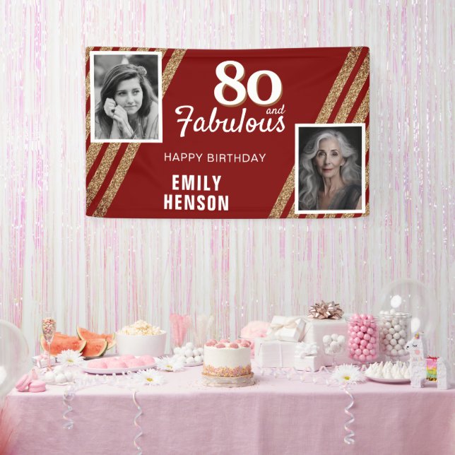 80 and Fabulous Gold Glitter 2 Photo 80th Birthday Banner (Party)