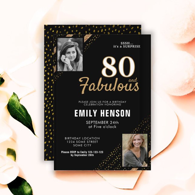 80 and Fabulous Gold Glitter 2 Photo 80th Birthday Invitation (Creator Uploaded)