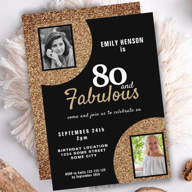 80 and Fabulous Gold Glitter 2 Photo 80th Birthday Invitation (Creator Uploaded)