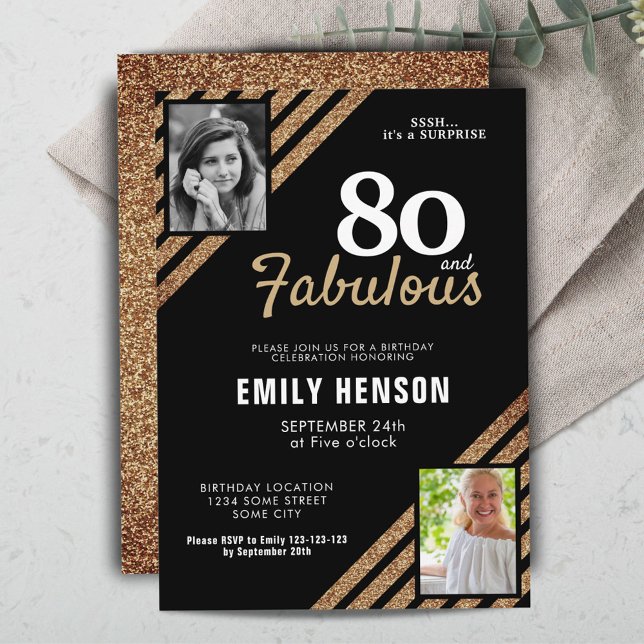 80 and Fabulous Gold Glitter 2 Photo 80th Birthday Invitation (Creator Uploaded)