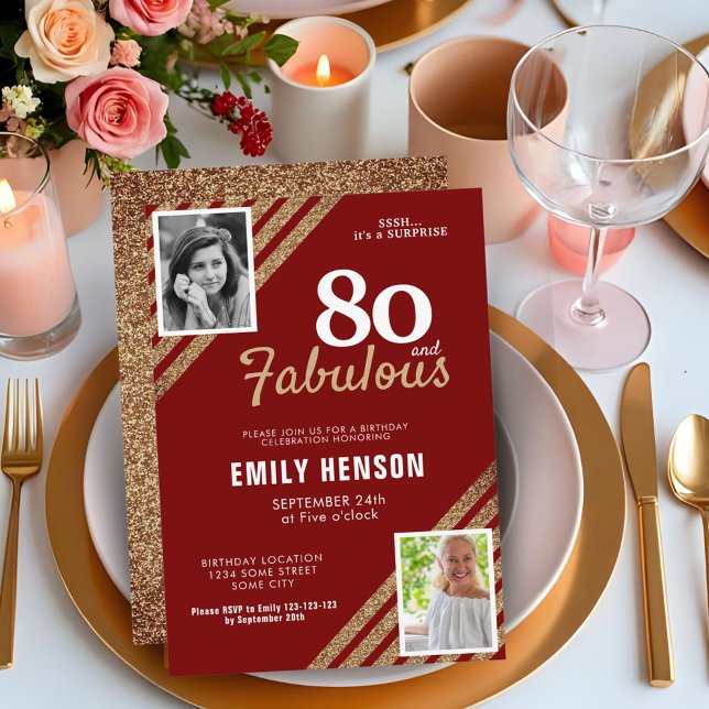 80 and Fabulous Gold Glitter 2 Photo 80th Birthday Invitation (Creator Uploaded)