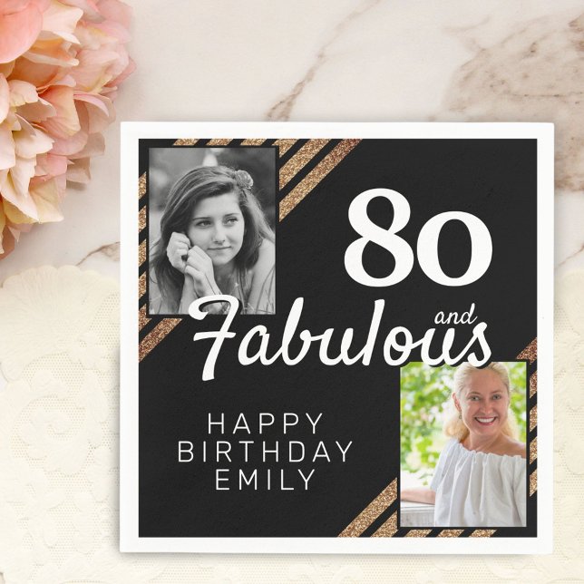 80 and Fabulous Gold Glitter 2 Photo 80th Birthday Napkin (Creator Uploaded)