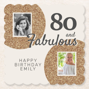 80 and Fabulous Gold Glitter 2 Photo 80th Birthday Paper Coaster