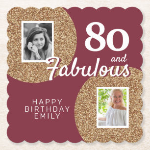 80 and Fabulous Gold Glitter 2 Photo 80th Birthday Paper Coaster