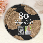80 and Fabulous Gold Glitter 2 Photo 80th Birthday Paper Plate<br><div class="desc">80 and Fabulous Gold Glitter 2 Photo 80th Birthday Party paper plates. Faux gold glitter on black with 2 photos - you can use an old and a new photo. Add your name and age and make great elegant plates for the milestone celebration.</div>