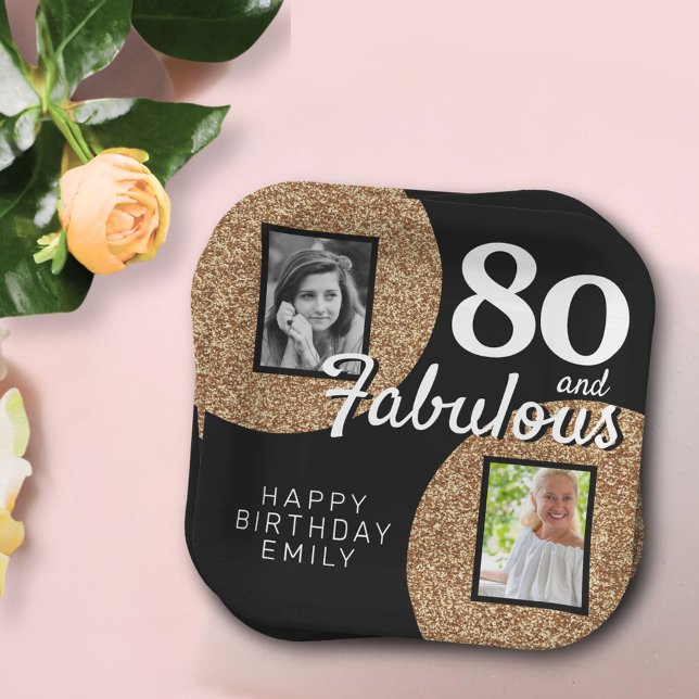 80 and Fabulous Gold Glitter 2 Photo 80th Birthday Paper Plate (Creator Uploaded)