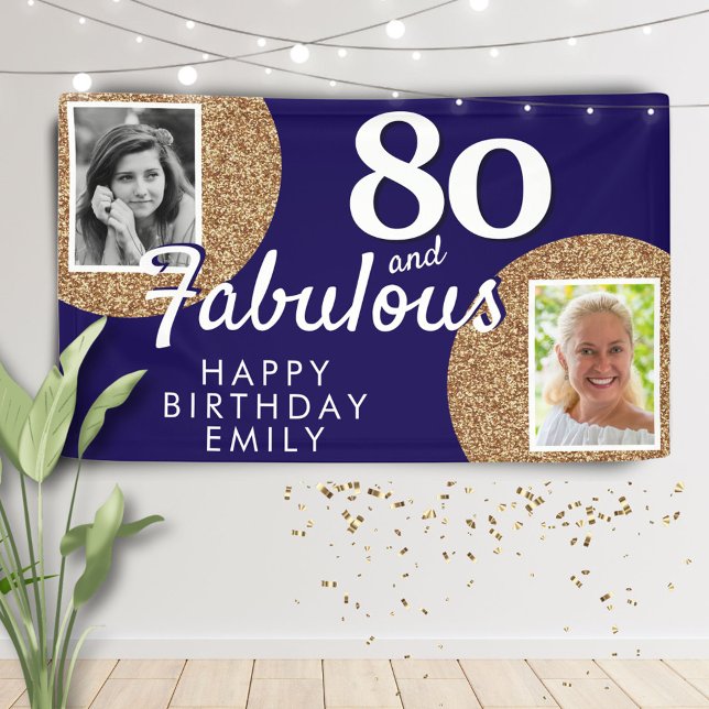80 and Fabulous Gold Glitter 2 Photo Birthday  Banner (Creator Uploaded)