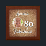 80 and Fabulous Gold Glitter 80th Birthday Photo Gift Box<br><div class="desc">80 and Fabulous Gold Glitter 80th Birthday Photo Gift Box. Faux gold glitter with a photo in a round frame. 80th birthday gift for her. Personalise with name and photo.</div>