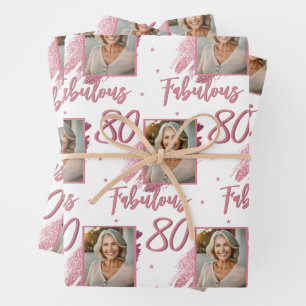 80 and Fabulous Pink Glitter Photo 80th Birthday Wrapping Paper Sheet