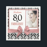 80 and Fabulous Rose gold bow damask 80th Birthday Napkin<br><div class="desc">Rose gold bow black white damask | 80th Birthday Napkin. Eighty and Fabulous! A beautiful modern elegant pink rose gold bow black white vintage damask 80th Birthday Party Invitations you can personalise and send out your eightieth birthday party celebration. At the centre pretty pink bow with shiny diamond. Replace the...</div>