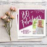 80 and Fabulous Script Photo Magenta 80th Birthday Napkin<br><div class="desc">80 and Fabulous Script Photo Magenta 80th Birthday Napkins. Trendy white script and white foliage with a custom photo. Make your own 80th birthday party paper napkins for her. Customise with the name and age and insert your photo into the template.</div>