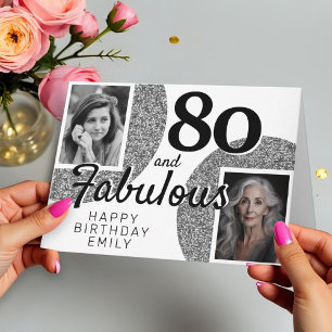 80 and Fabulous Silver Glitter 2 Photo Birthday Card