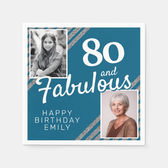 80 and Fabulous Silver Glitter 2 Photo Birthday Napkin (Front)