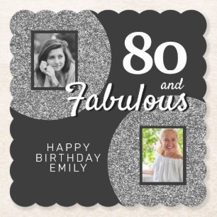 80 and Fabulous Silver Glitter Photo 80th Birthday Paper Coaster