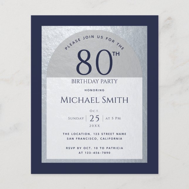 80 Birthday Budget Navy Blue Silver Man Invitation (Front)