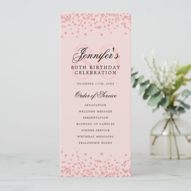 80 Birthday Program Rose Gold Confetti Menu Blush Invitation (Standing Front)