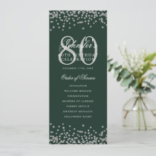 80 Birthday Program Silver Confetti Menu Green Invitation
