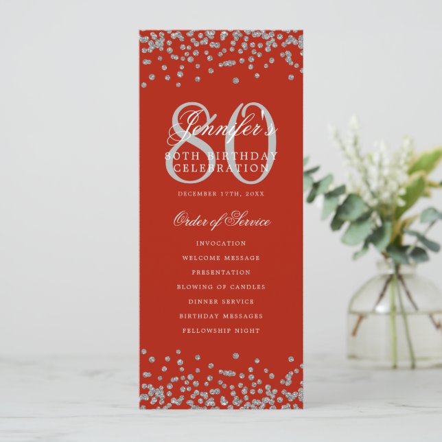 80 Birthday Program Silver Confetti Menu Red  Invitation (Standing Front)