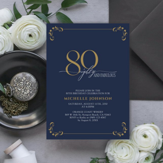 80 & Fabulous Blue & Gold Calligraphy Birthday Invitation (Creator Uploaded)