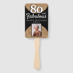 80 & Fabulous Gold Glitter Photo 80th Birthday Hand Fan