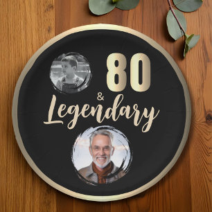 80 & Legendary 2 Photos 80th Birthday Gold Paper Plate