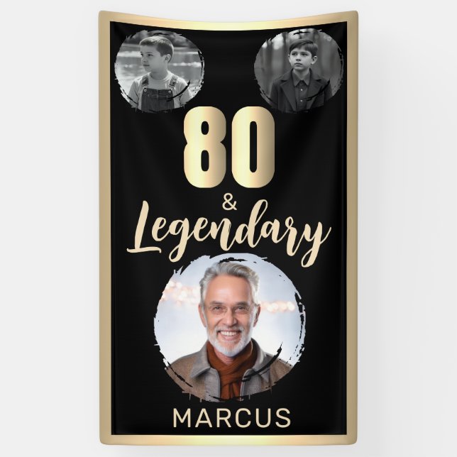 80 & Legendary 3 Photos 80th Birthday Gold Banner (Vertical)