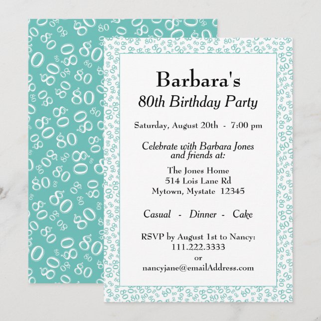 80 Random Number Pattern Teal/White 80th Invitation (Front/Back)