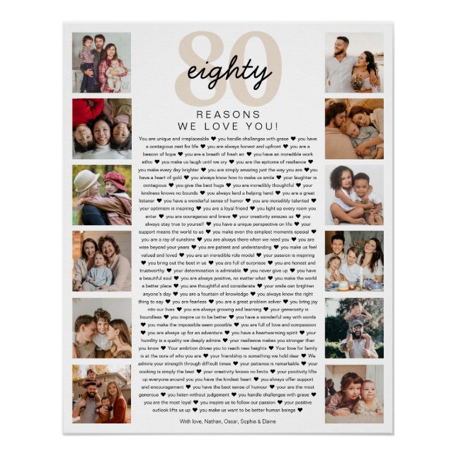 80 Reasons We Love You Birthday Keepsake Gift Poster (Front)