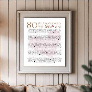 80 reasons why we love you 70th 60th 50th birthday poster