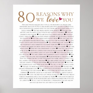 80 reasons why we love you 70th 60th 50th birthday poster