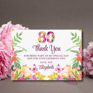 80 Years Floral Flowers - Butterfly 80th Birthday Thank You Card