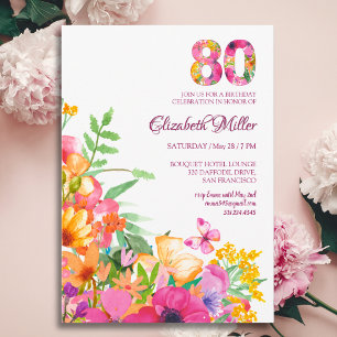 80 Years Flowers Butterflies 80th Birthday Invitation