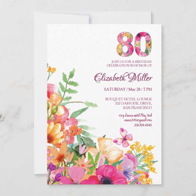 80 Years Flowers Butterflies 80th Birthday Invitation (Front)