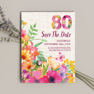 80 Years Flowers Floral Linen 80th Birthday Announcement Postcard